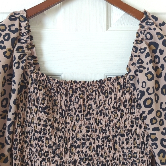 Sanctuary Leopard Print Smocked Square Neck Balloon Sleeve A-Line Mini Dress 4 - Picture 3 of 13